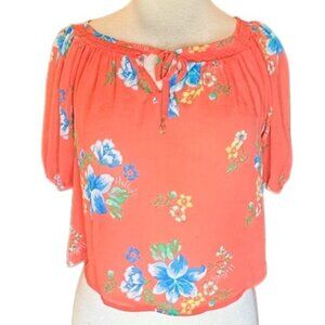 Hollister Floral Blouse Flowy Elastic Short Sleeve Top Coral Blue Green Small